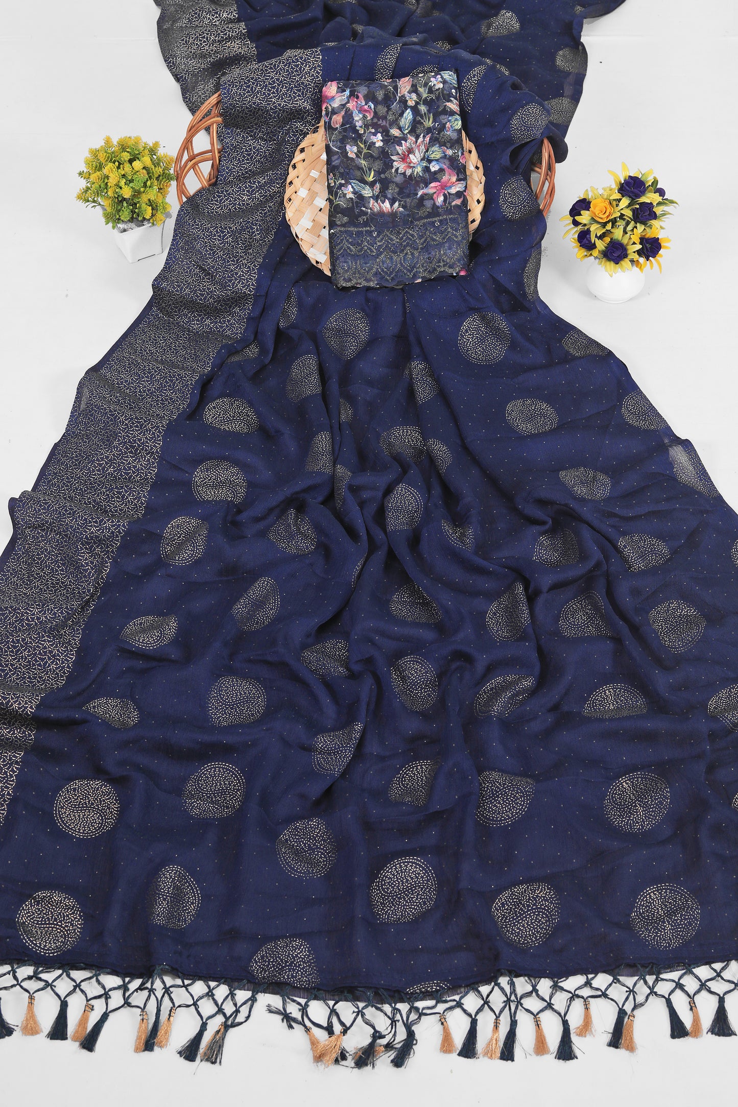 Mangalam Multicolor Moss Saree with Digital Shifli Blouse and Jhaalar Work (4 Colours Available). *