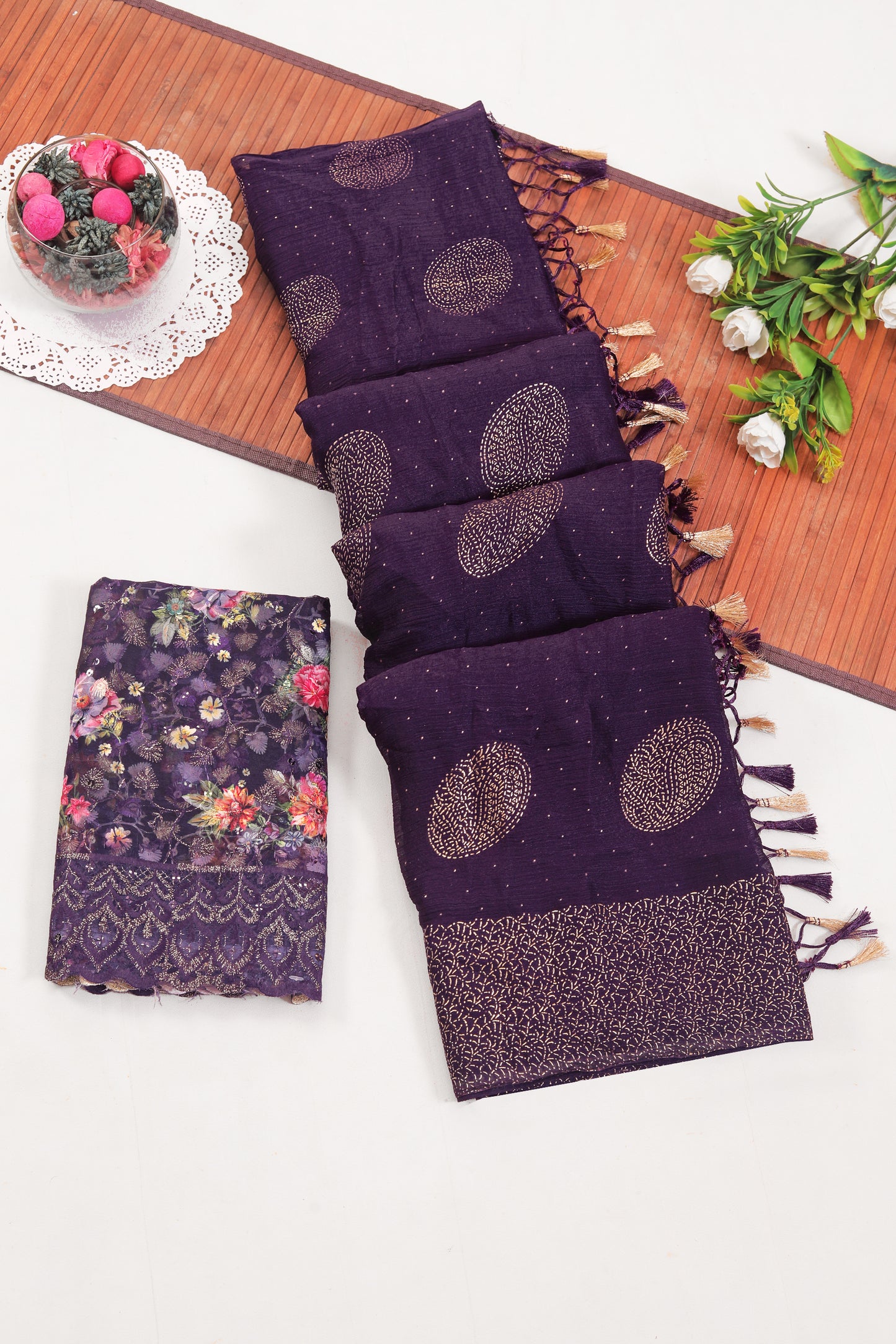 Mangalam Multicolor Moss Saree with Digital Shifli Blouse and Jhaalar Work (4 Colours Available). *