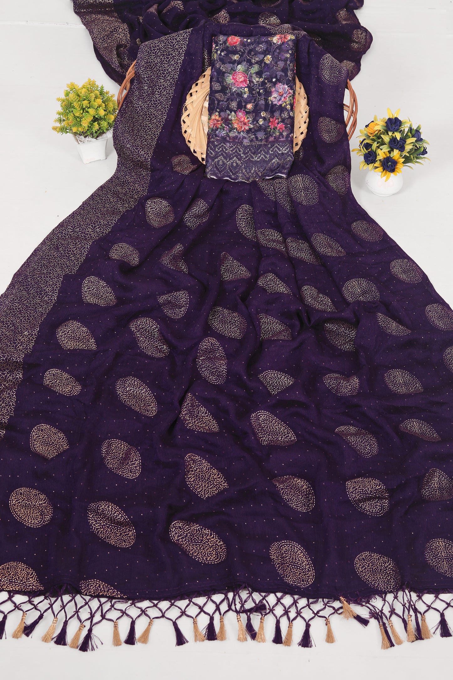 Mangalam Multicolor Moss Saree with Digital Shifli Blouse and Jhaalar Work (4 Colours Available). *