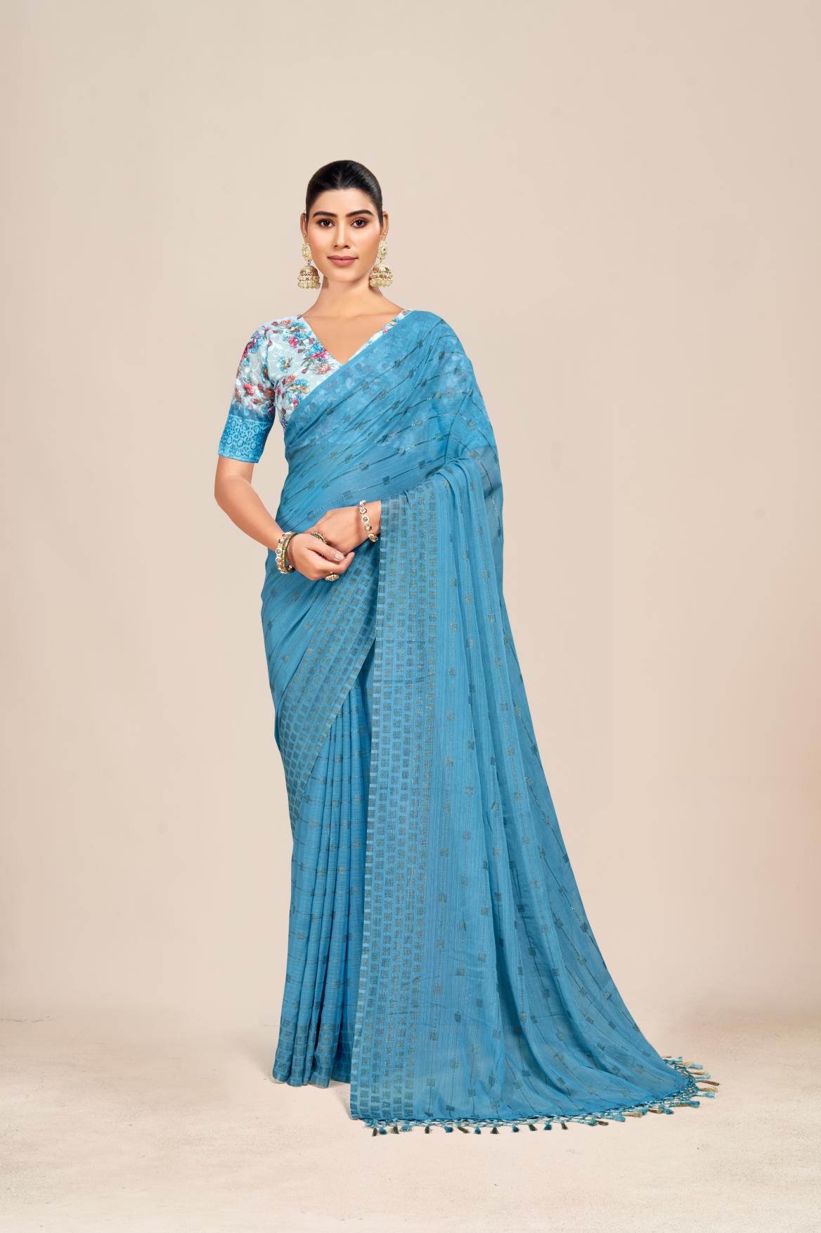 Swikar Multicolor Saree with Silver Foil Printing and Fancy Fabric (8 Colours Available). *