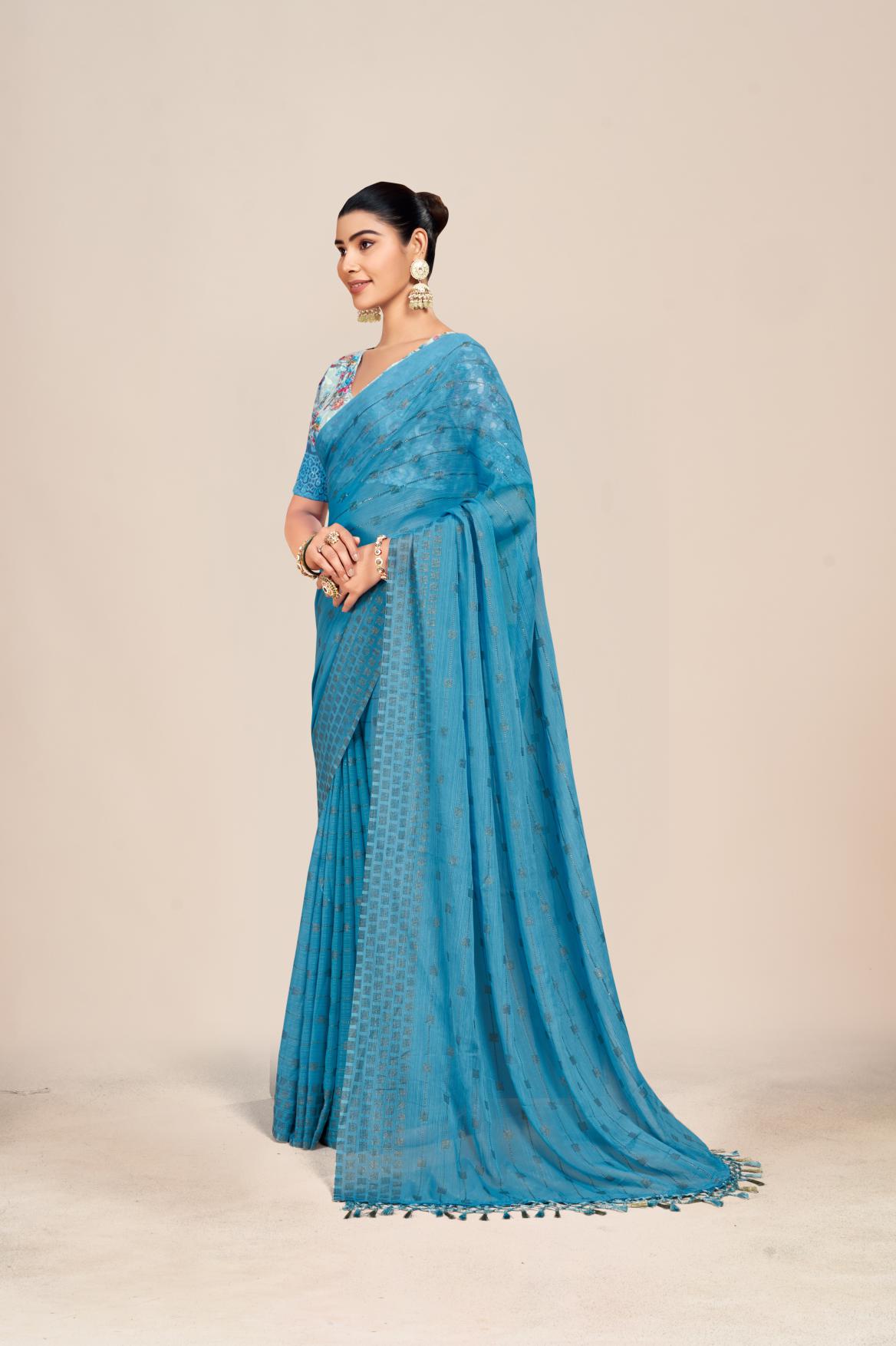 Swikar Multicolor Saree with Silver Foil Printing and Fancy Fabric (8 Colours Available). *