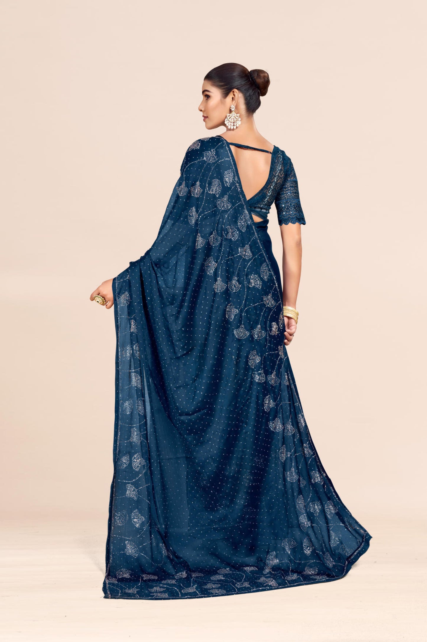 Roopkala Navy Blue Fancy Designer Saree with Copper Foil and Work Blouse with Jhaalar