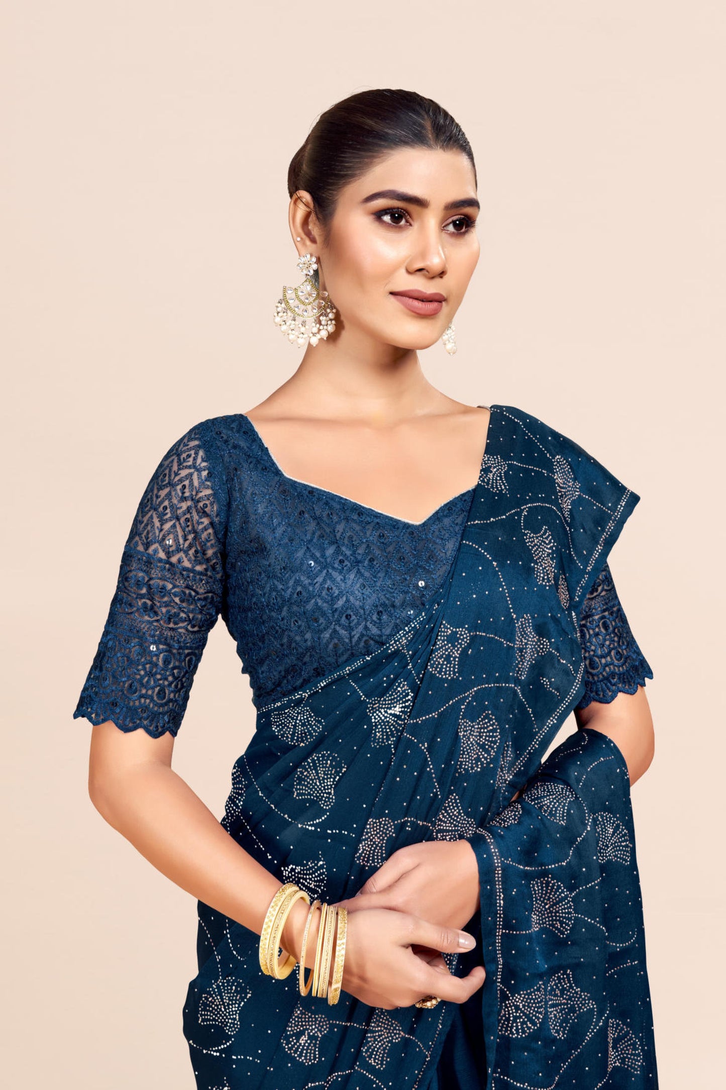 Roopkala Navy Blue Fancy Designer Saree with Copper Foil and Work Blouse with Jhaalar