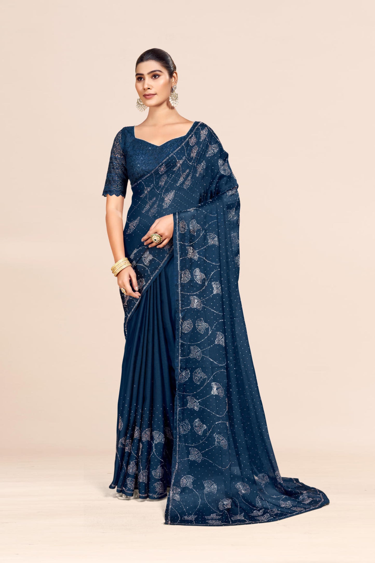 Roopkala Navy Blue Fancy Designer Saree with Copper Foil and Work Blouse with Jhaalar