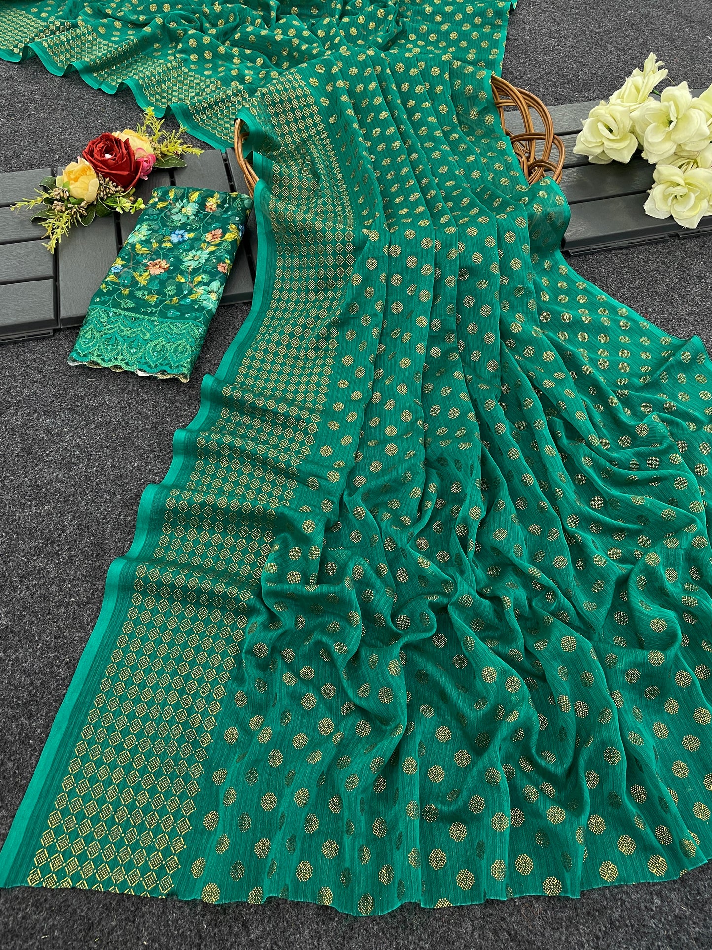 Lado Digital Gold Moss Saree with Digital Printed Blouse and Best Selling Saree Design *