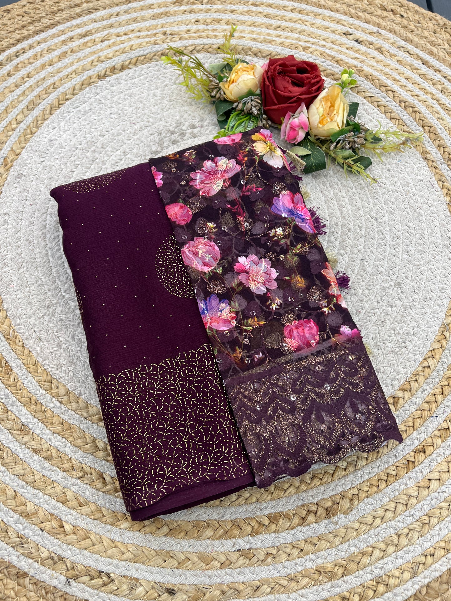 Mangalam Multicolor Moss Saree with Digital Shifli Blouse and Jhaalar Work (4 Colours Available). *