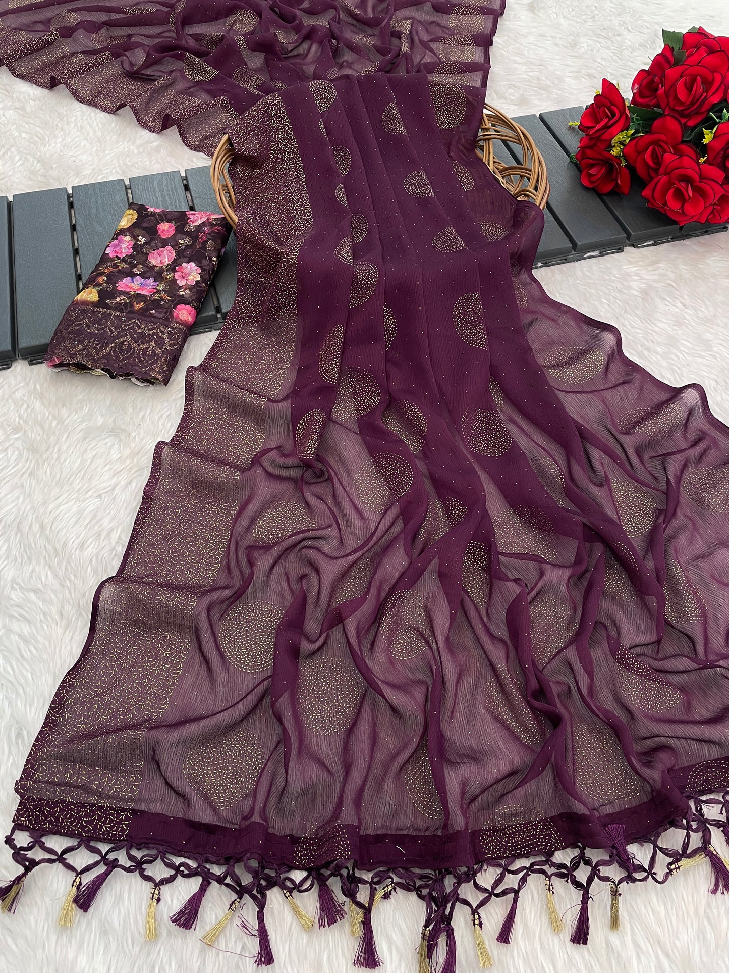 Mangalam Multicolor Moss Saree with Digital Shifli Blouse and Jhaalar Work (4 Colours Available). *