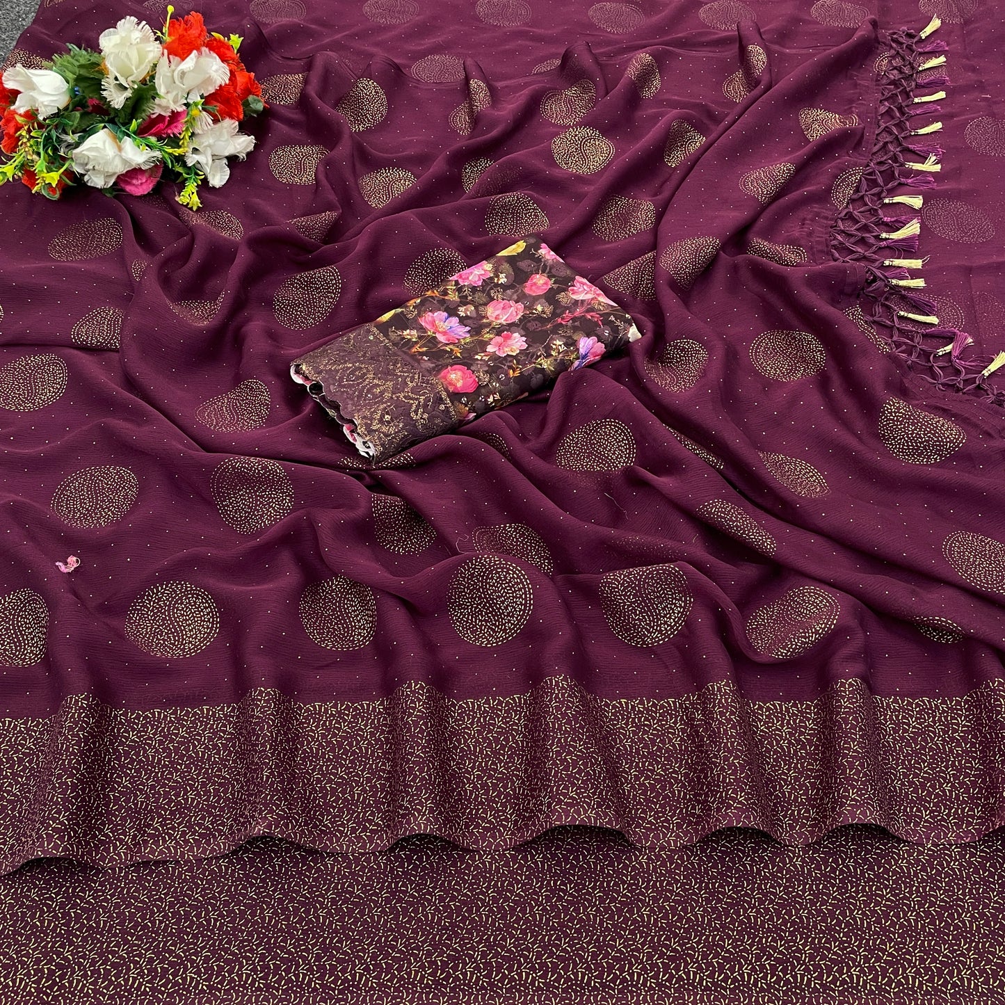Mangalam Multicolor Moss Saree with Digital Shifli Blouse and Jhaalar Work (4 Colours Available). *