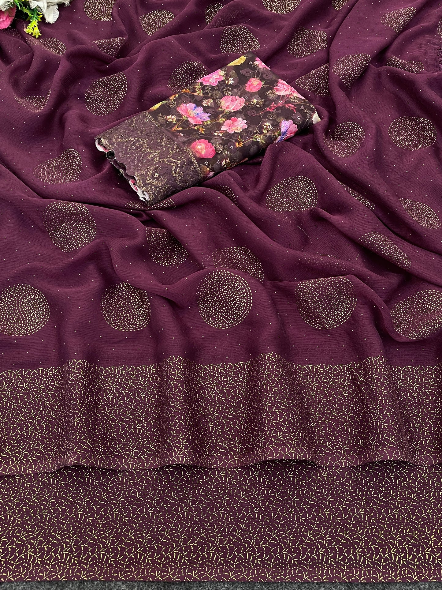 Mangalam Multicolor Moss Saree with Digital Shifli Blouse and Jhaalar Work (4 Colours Available). *
