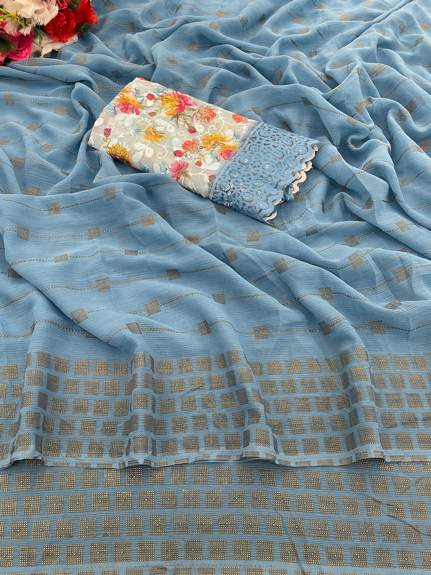 Swikar Multicolor Saree with Silver Foil Printing and Fancy Fabric (8 Colours Available). *