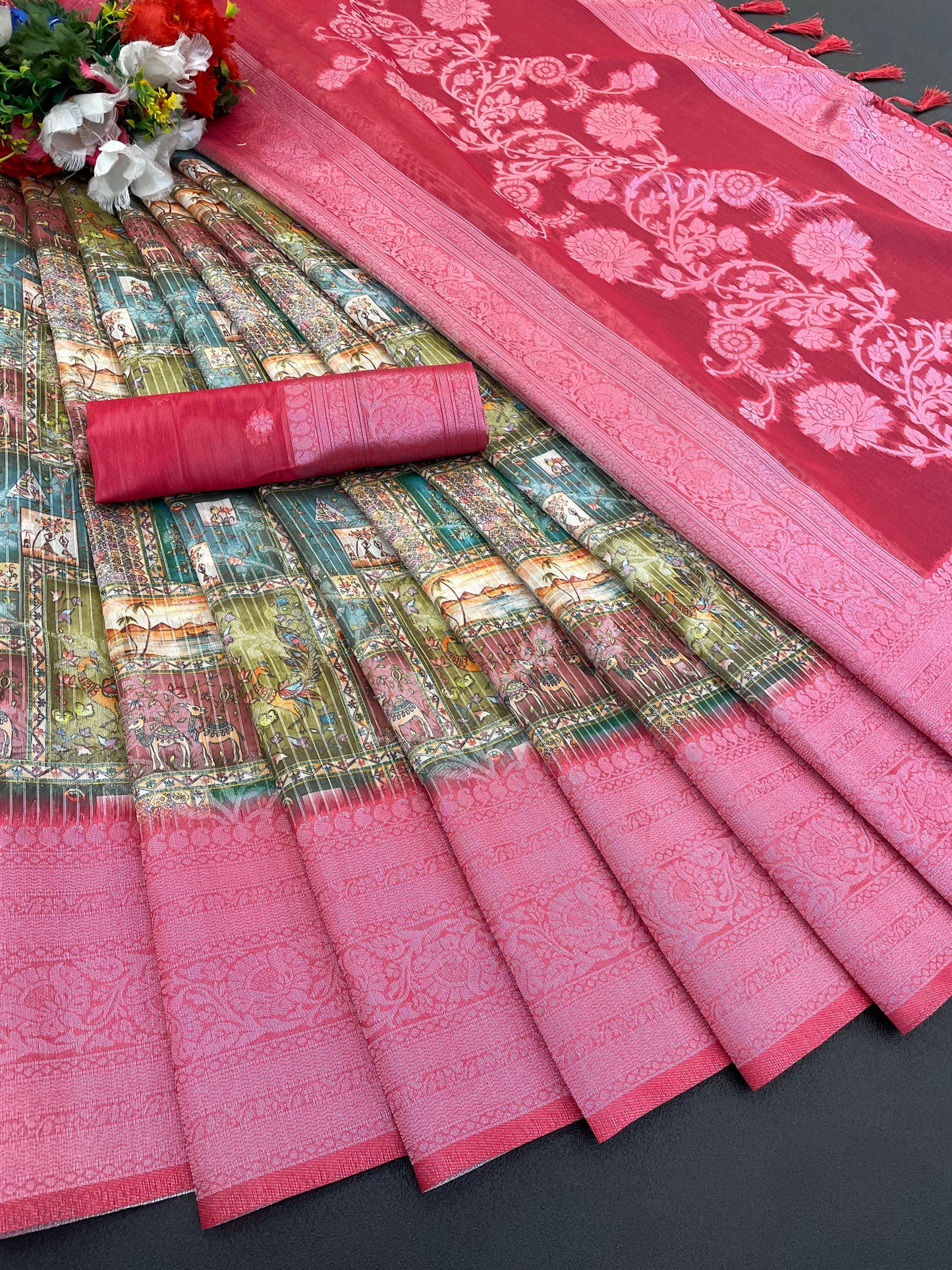 Sparkle Rang Phool Polyester Saree – A Bloom of Vibrant Elegance