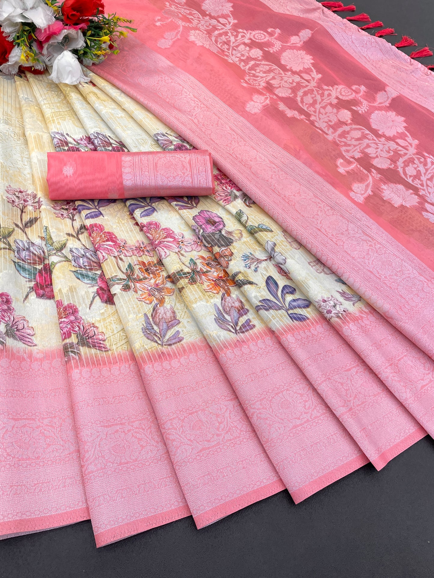 Sparkle Rang Phool Polyester Saree – A Bloom of Vibrant Elegance