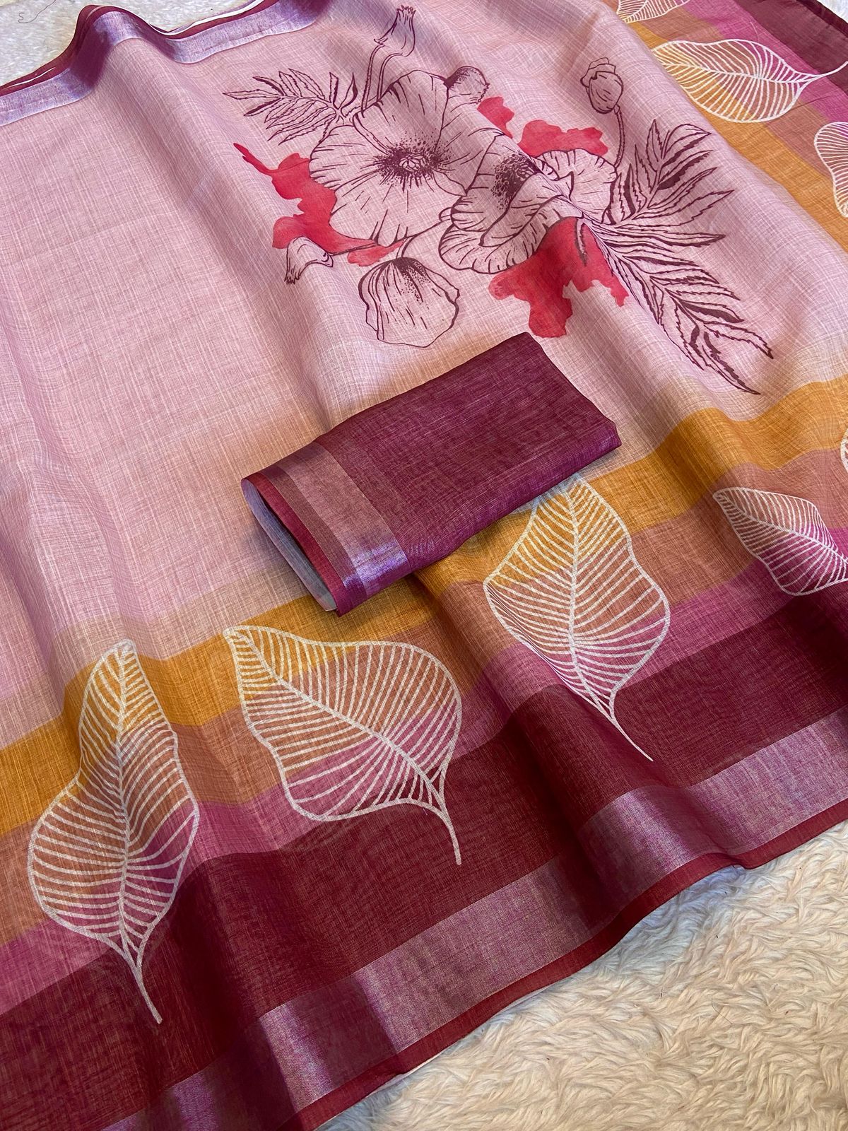 "White Leaf Elegance: Pure Cotton Saree for Graceful Charm"