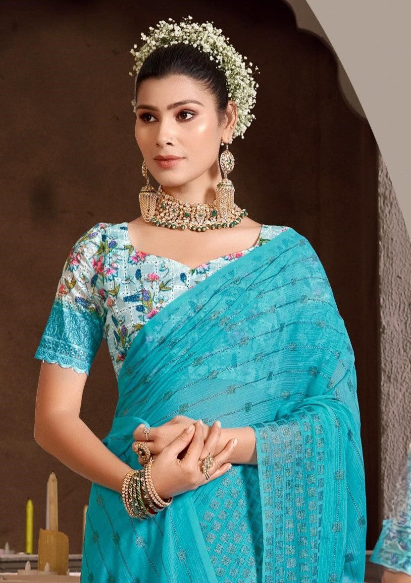 Swikar Multicolor Saree with Silver Foil Printing and Fancy Fabric (8 Colours Available). *