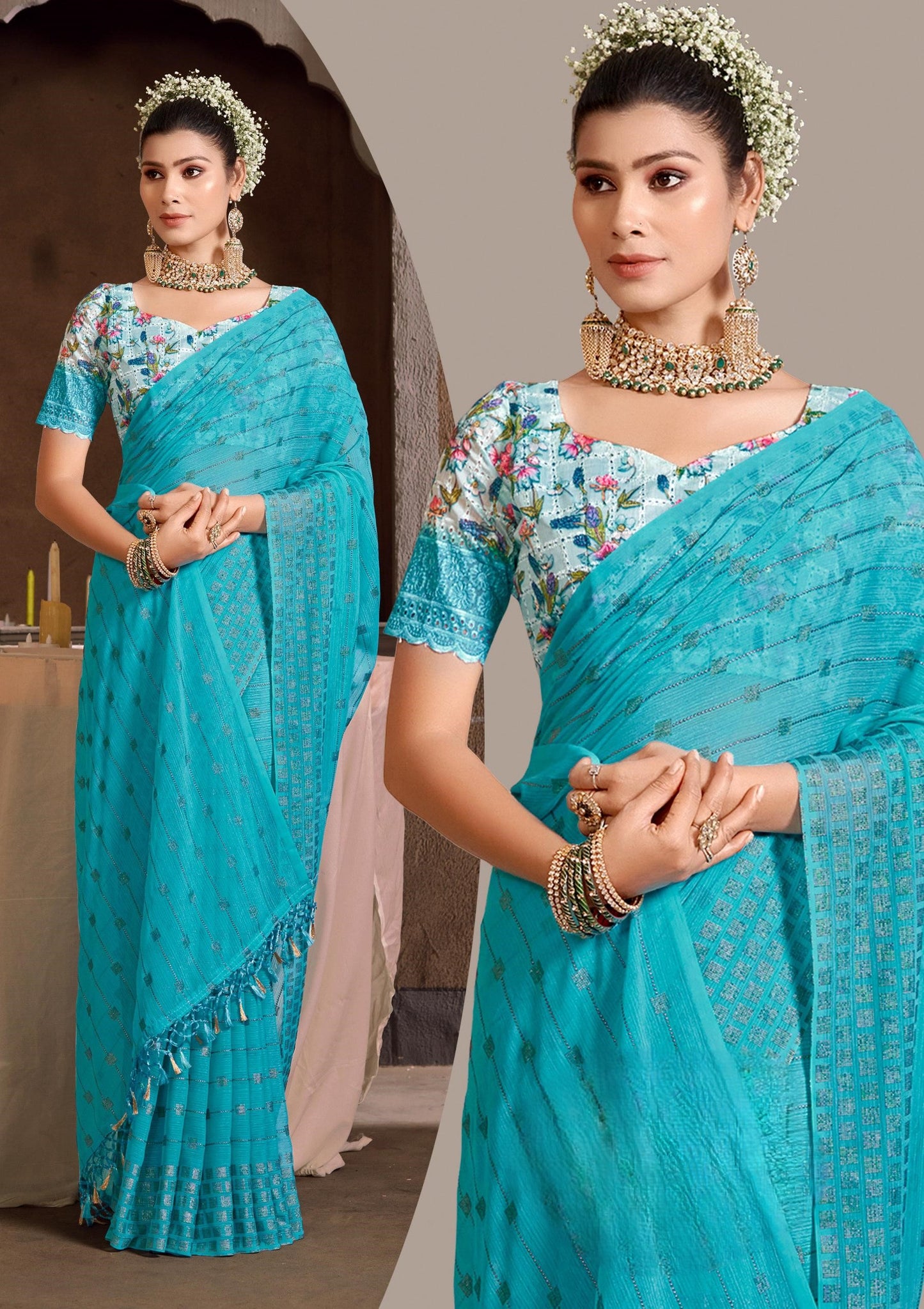 Swikar Multicolor Saree with Silver Foil Printing and Fancy Fabric (8 Colours Available). *