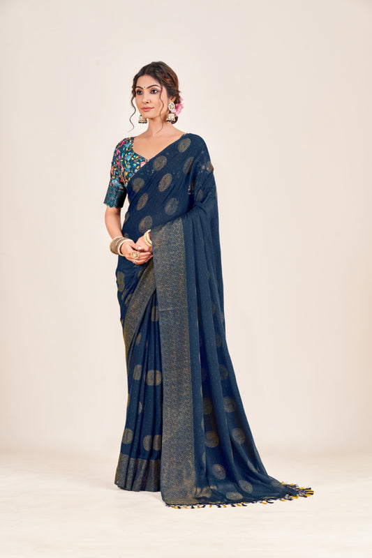 Mangalam Multicolor Moss Saree with Digital Shifli Blouse and Jhaalar Work (4 Colours Available). *