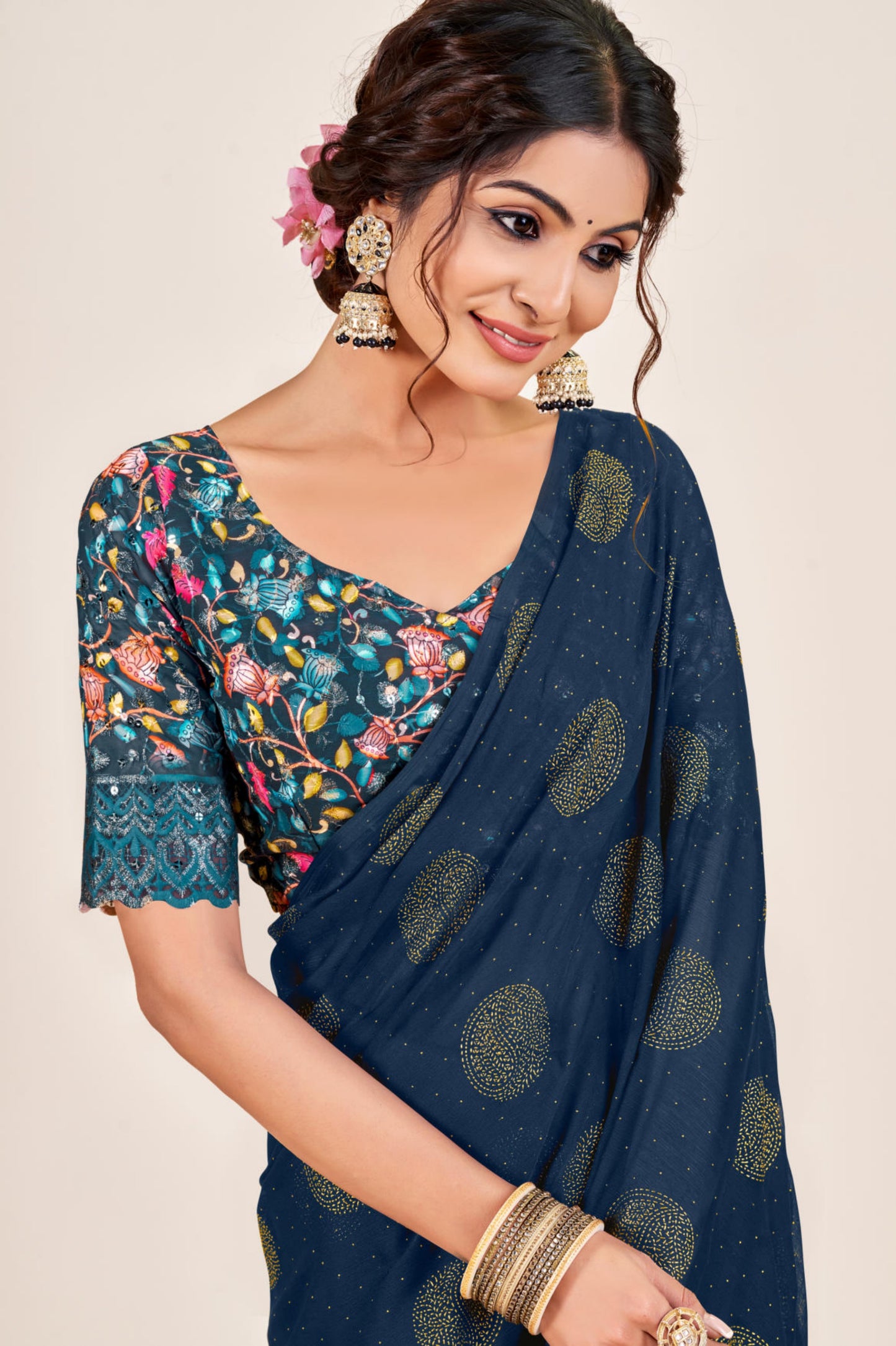 Mangalam Multicolor Moss Saree with Digital Shifli Blouse and Jhaalar Work (4 Colours Available). *