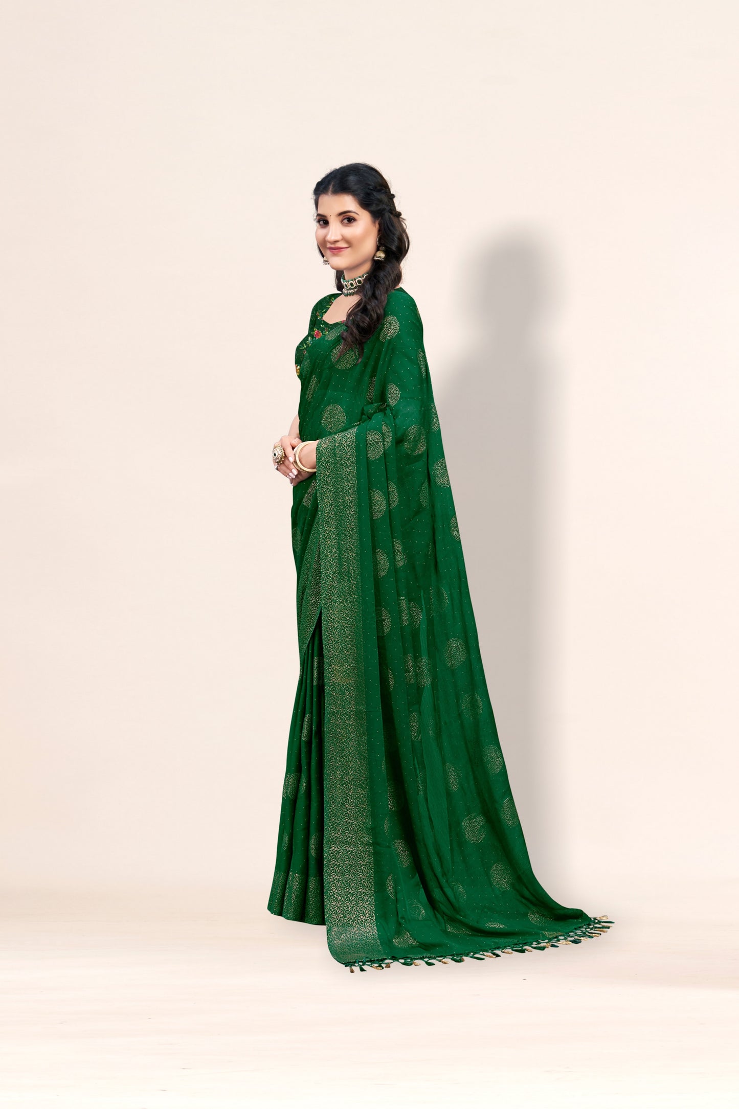 Mangalam Multicolor Moss Saree with Digital Shifli Blouse and Jhaalar Work (4 Colours Available). *