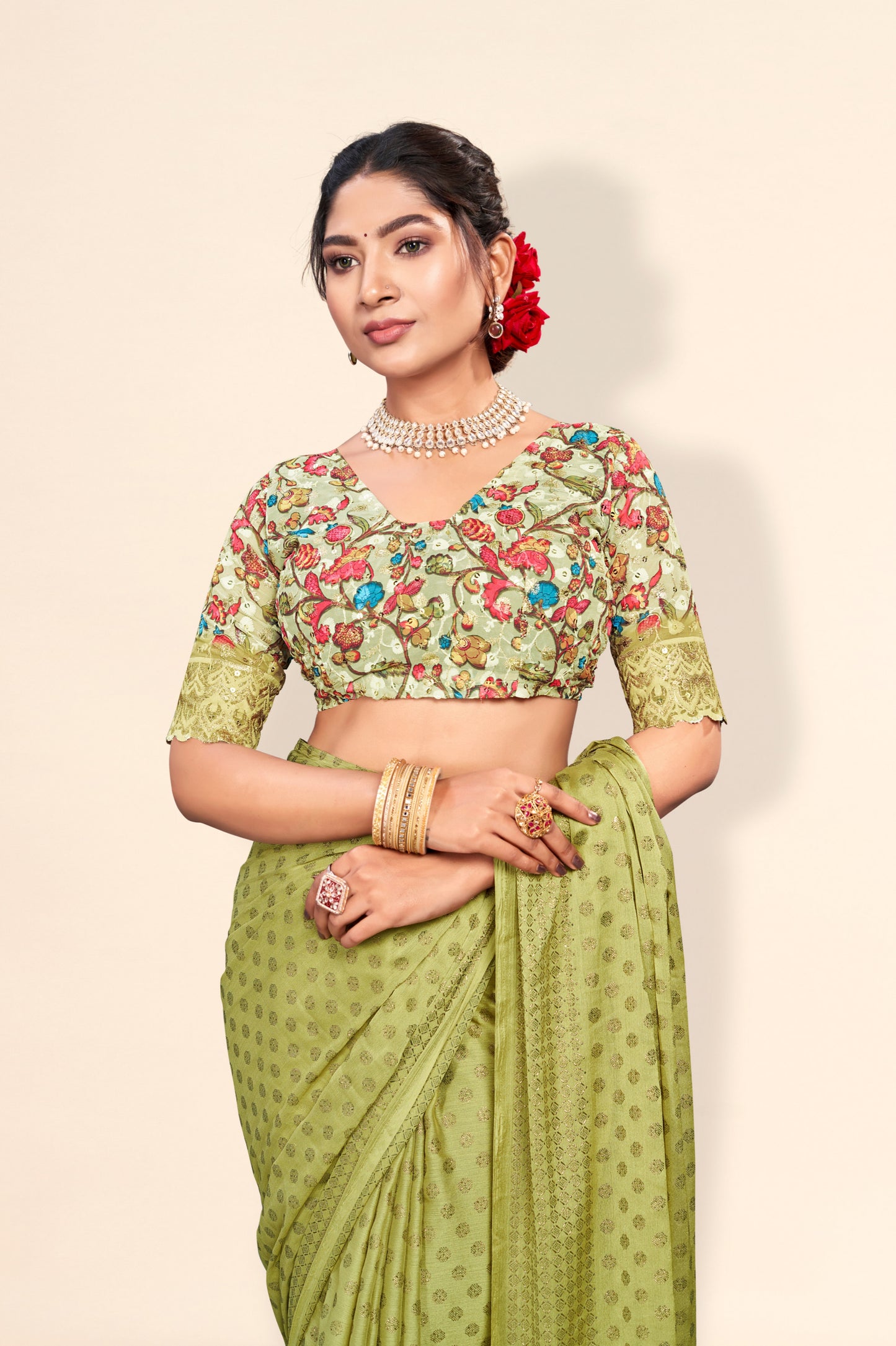 Lado Digital Gold Moss Saree with Digital Printed Blouse and Best Selling Saree Design *