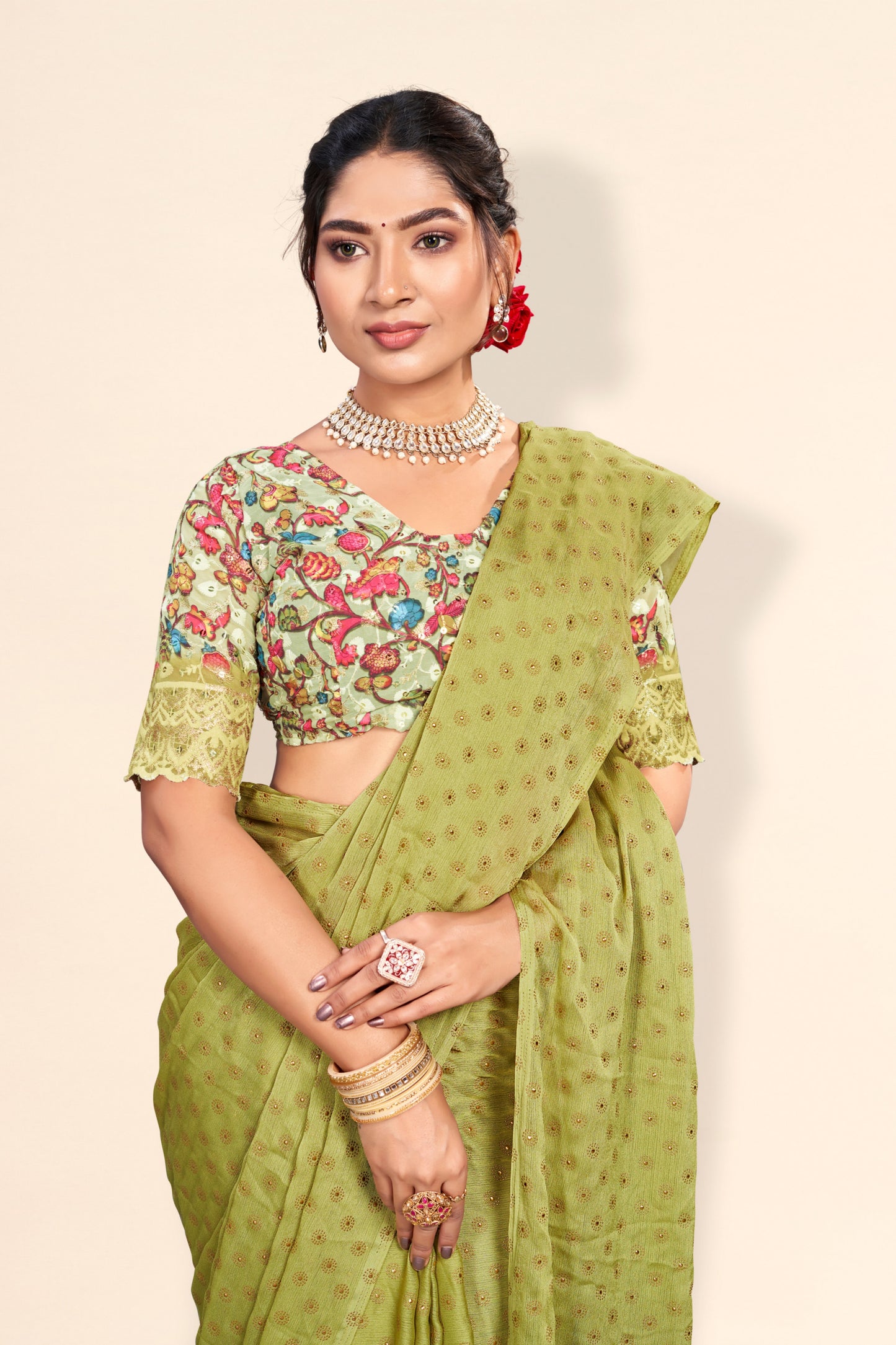 Lado Digital Gold Moss Saree with Digital Printed Blouse and Best Selling Saree Design *