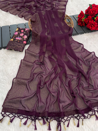 Mangalam Multicolor Moss Saree with Digital Shifli Blouse and Jhaalar Work (4 Colours Available). **