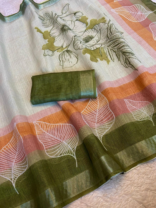 "White Leaf Elegance: Pure Cotton Saree for Graceful Charm"