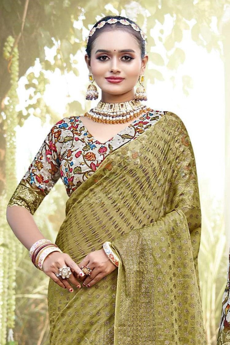 Lado Light  Moss  Saree with Digital Printed Blouse and Best Selling Saree Design
