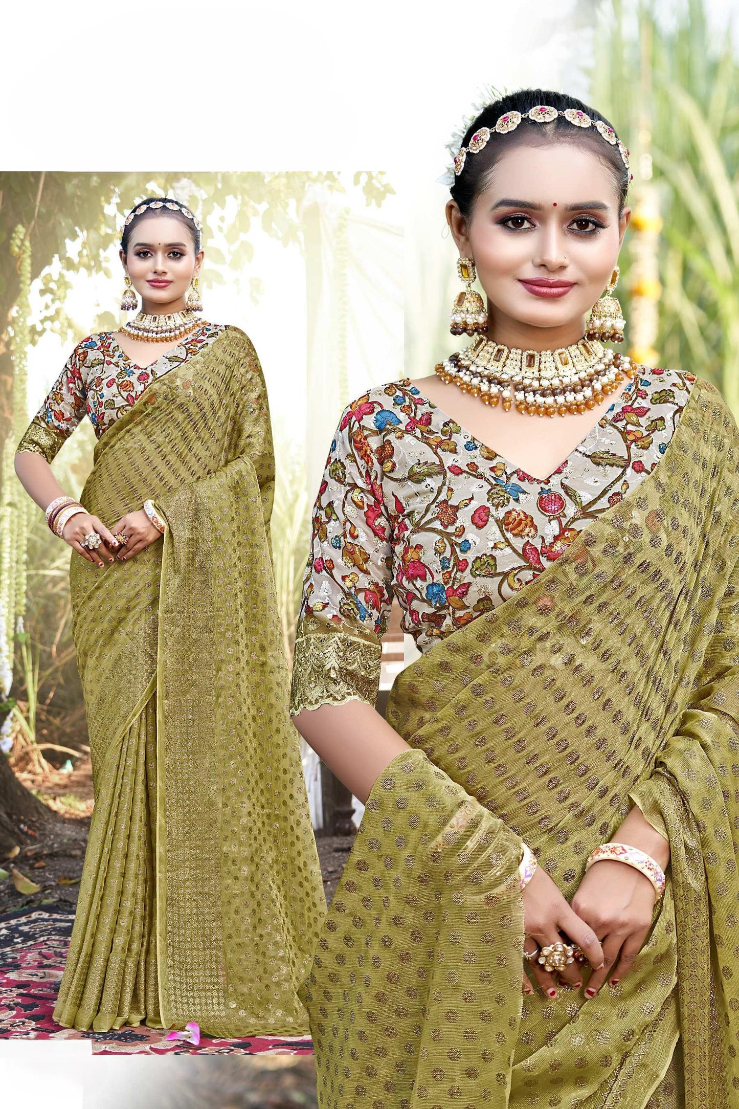 Lado Light  Moss  Saree with Digital Printed Blouse and Best Selling Saree Design