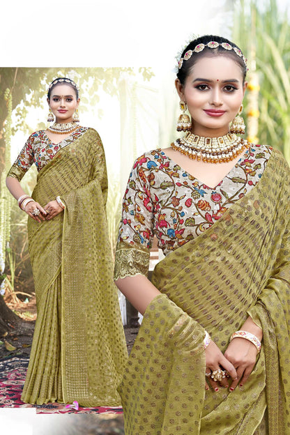 Lado Light  Moss  Saree with Digital Printed Blouse and Best Selling Saree Design