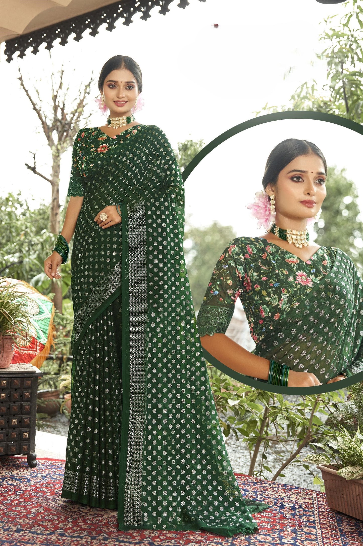 Lado Silver Digital  Moss Saree with Digital Printed Blouse and Best Selling Saree Design.