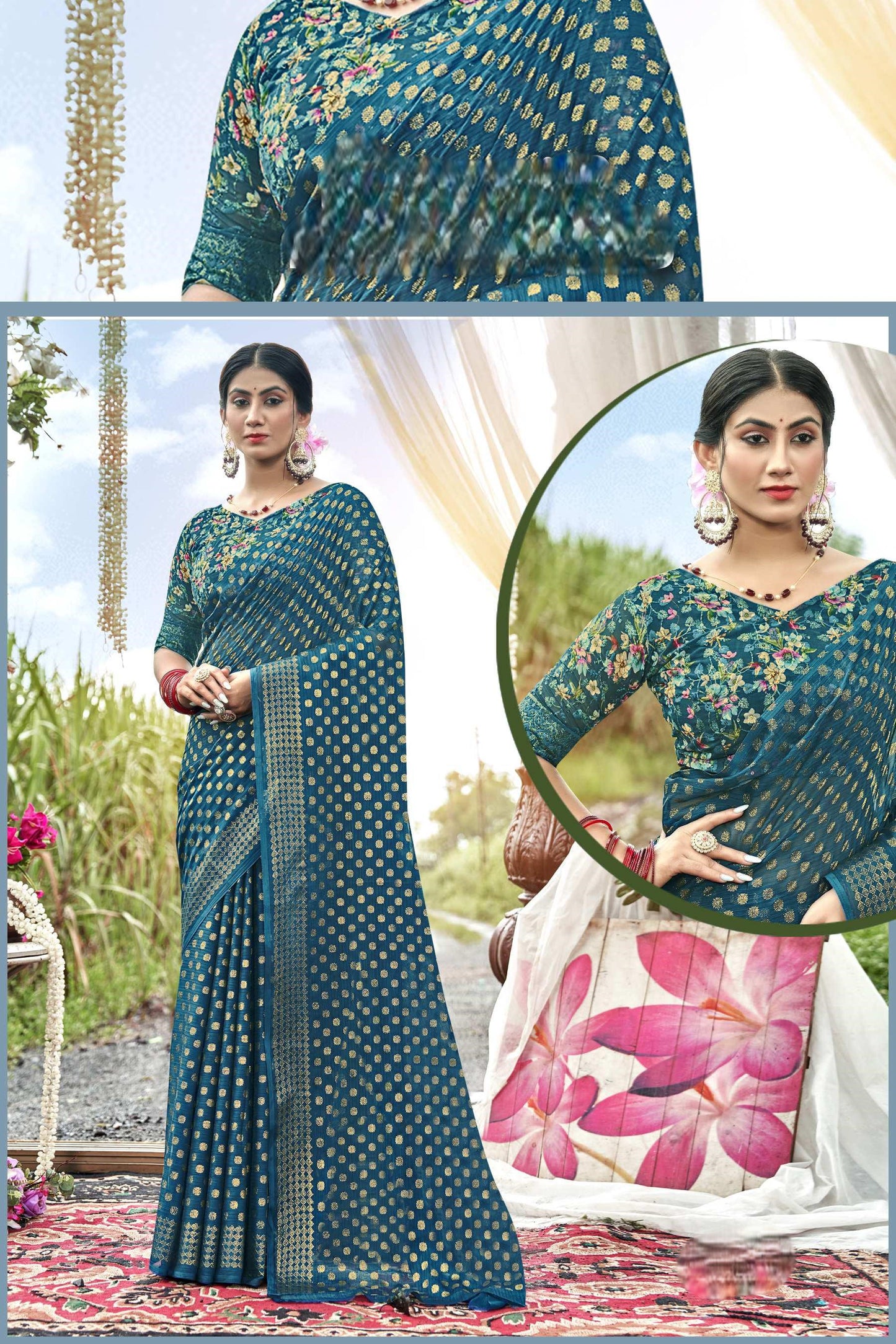 Lado Digital Gold Moss Saree with Digital Printed Blouse and Best Selling Saree Design *
