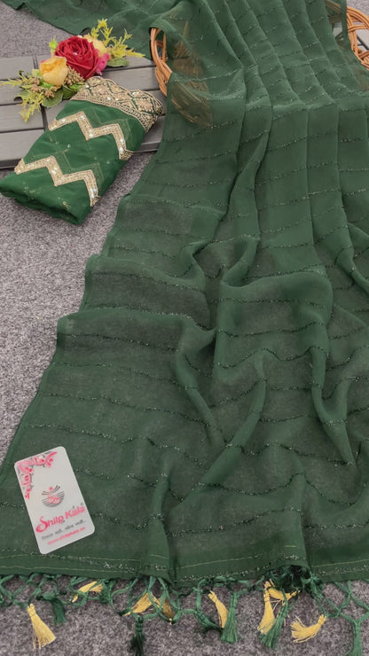 Roopkala Bottle Green Saree with Copper Foil and Work Blouse with Jhaalar